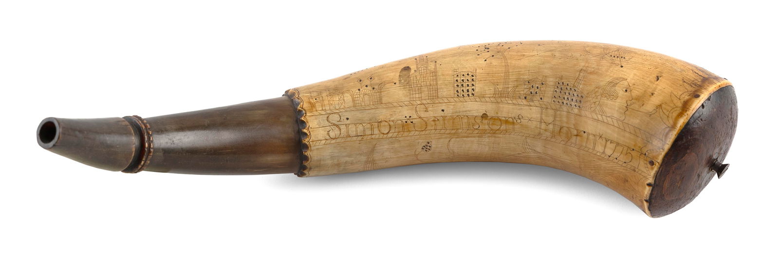 RARE SIEGE OF BOSTON POWDER HORN Dated 1775 Length 14".: RARE SIEGE OF BOSTON POWDER HORNDated 1775Spout with double carved rings. Body with carved scalloped edge. Engraved with scene of a New England town, possibly Cambridge, Massachusetts, a bust of a smo