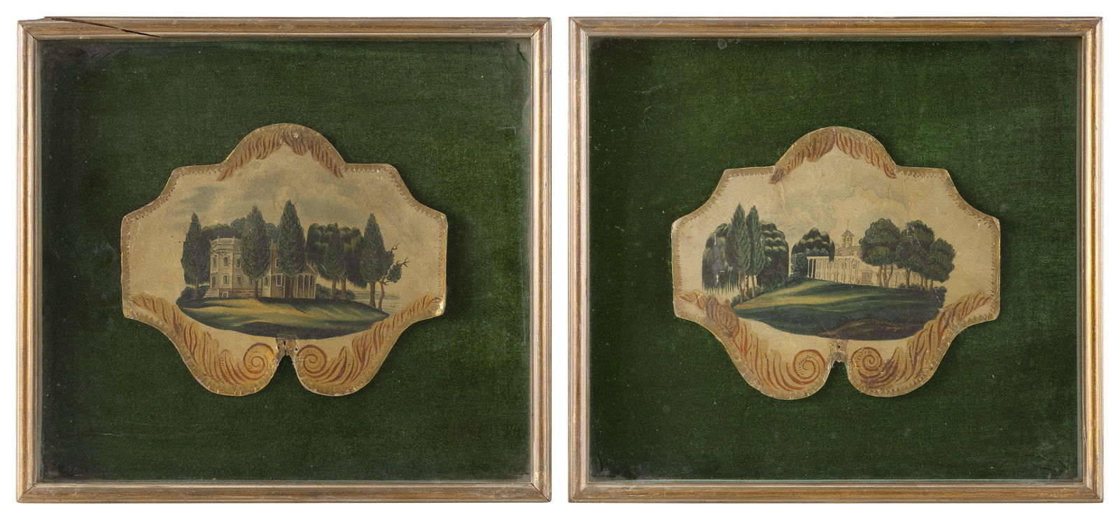 PAIR OF UNUSUAL PAINTED PAPER SIGNS America, 19th Century 8" x 9" sight. Framed 13.5" x 15".: PAIR OF UNUSUAL PAINTED PAPER SIGNSAmerica, 19th CenturyOne depicts George Washington's Mount Vernon and the other a stately waterfront home. Crimped brass borders. Appear to have been originally moun