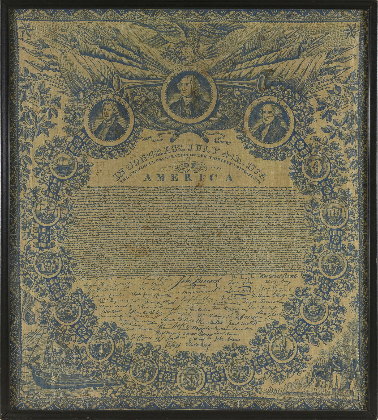 DECLARATION OF INDEPENDENCE COPPERPLATE PRINTED HANDKERCHIEF Scotland, 1820-1825 31" x 27.5" sight.: DECLARATION OF INDEPENDENCE COPPERPLATE PRINTED HANDKERCHIEFScotland, 1820-1825Made by Richard and Colin Gillespie, Glasgow, Scotland, taken from William Woodruff's 1819 engraving and Joseph Binn's br