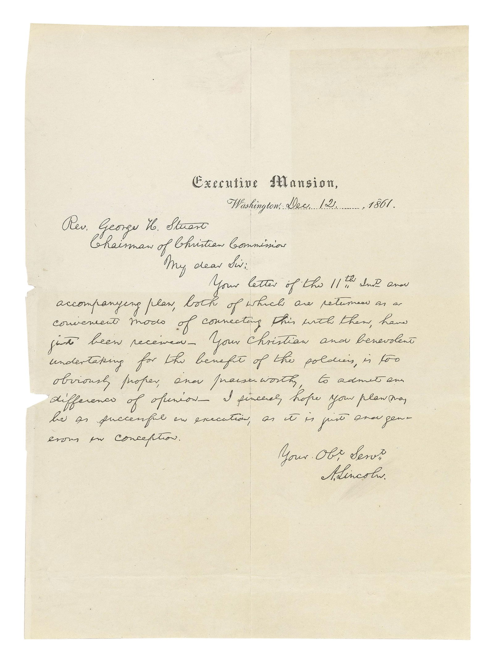 AUTOGRAPHED LETTER SIGNED "A. LINCOLN" TO REV. GEORGE STUART 11.75" x 8.75". Unframed. (1 of 1)