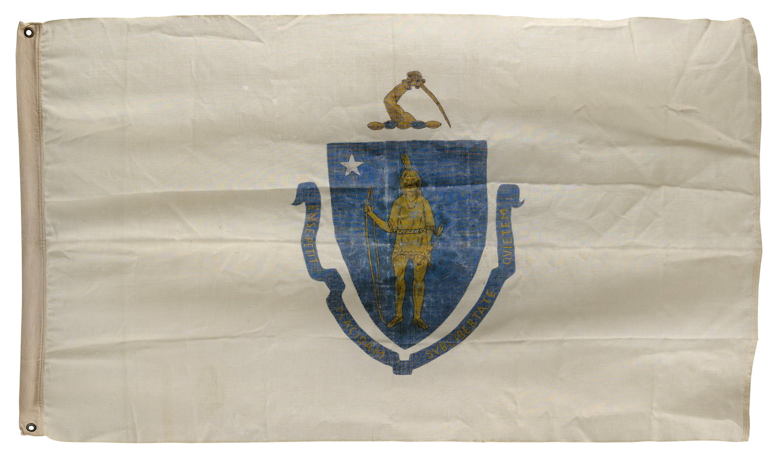 HAND-PAINTED MASSACHUSETTS STATE FLAG 19th Century 34" x 60".: HAND-PAINTED MASSACHUSETTS STATE FLAG19th Century34" x 60".