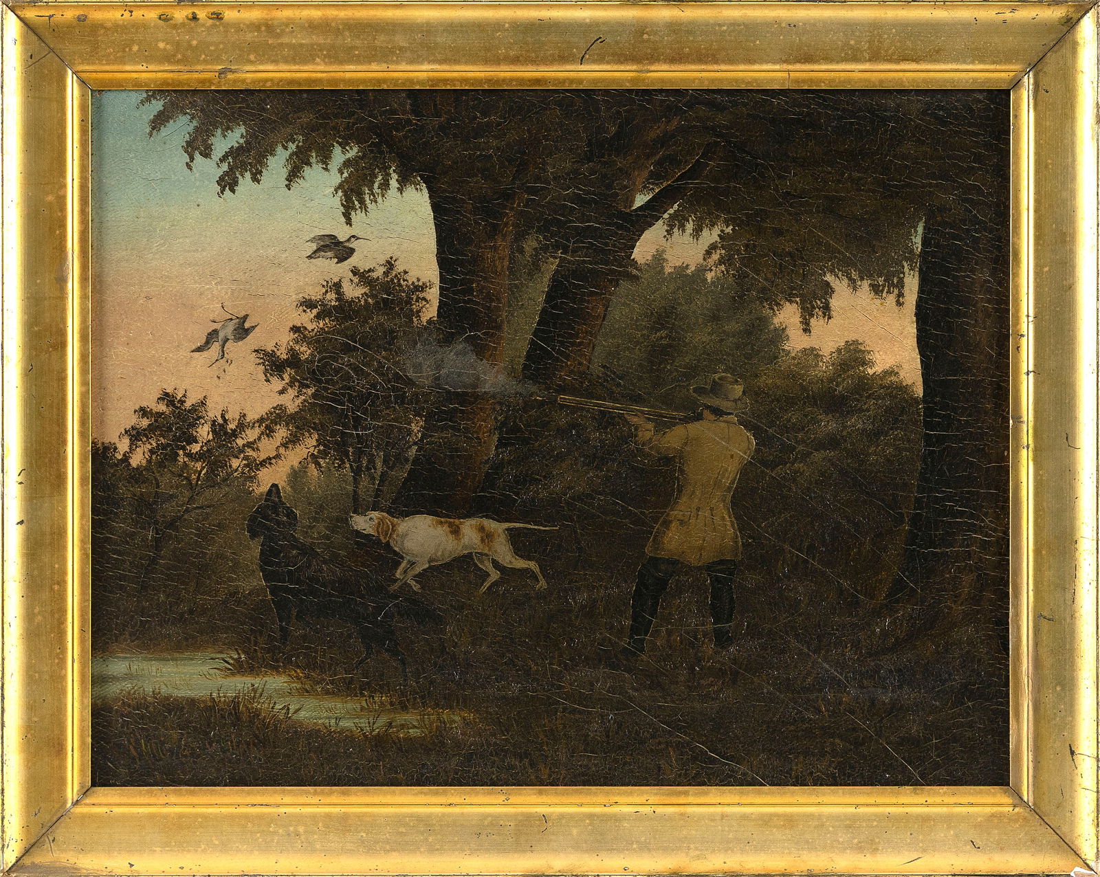 PAINTING OF SNIPE HUNTING 19th Century Oil on canvas, 12.5" x 16.5". Framed 15.5" x 19".: PAINTING OF SNIPE HUNTING19th CenturyUnsigned.Oil on canvas, 12.5" x 16.5". Framed 15.5" x 19".