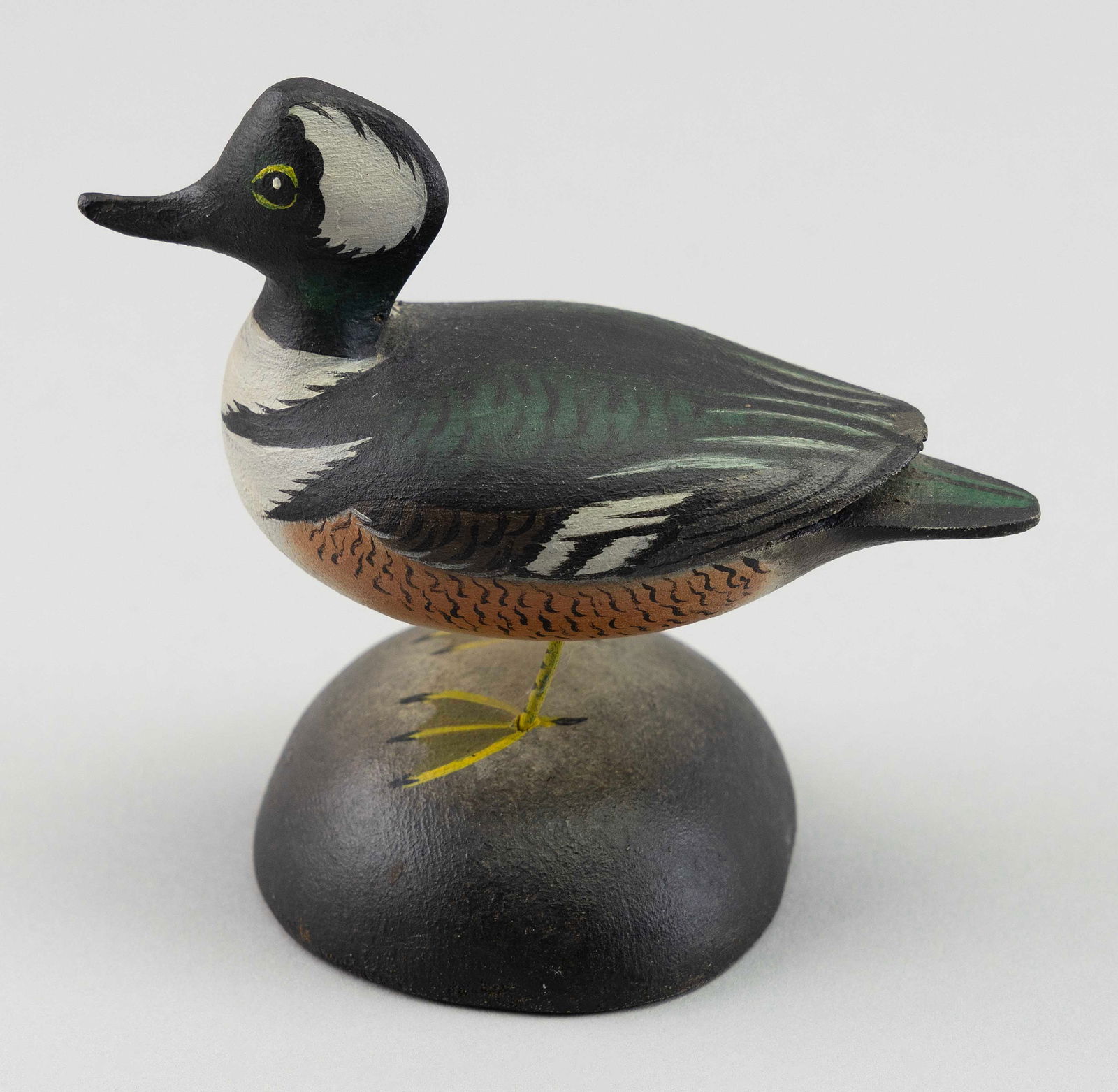 A. ELMER CROWELL MINIATURE HOODED MERGANSER DRAKE East Harwich, Massachusetts, 1862-1952 Height 3". (1 of 3)