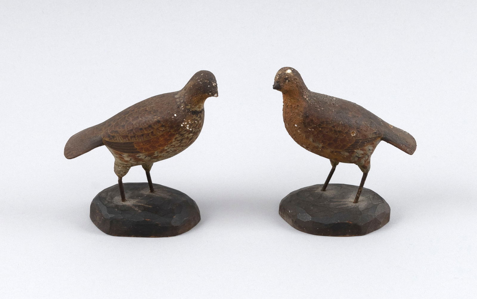 PAIR OF A.J. DITTMAN MINIATURE QUAIL Williamstown, Massachusetts, 1884-1974 Heights 4.5". (1 of 3)
