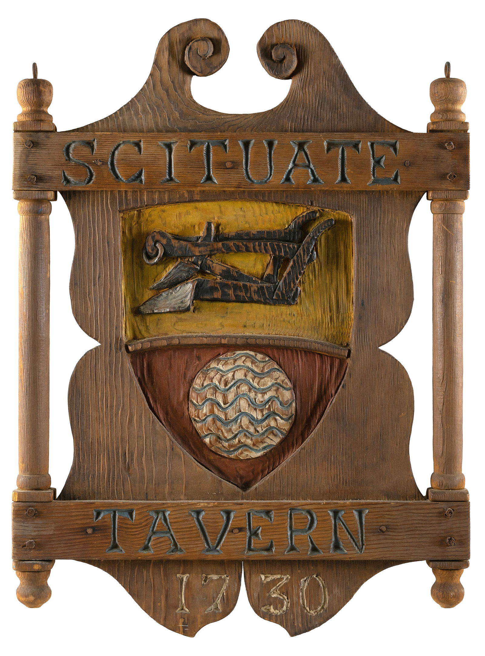 ARMAND LAMONTAGNE (Rhode Island, 1939-2025), Carved and polychromed wooden sign "Scituate Tavern".,: ARMAND LAMONTAGNERhode Island, 1939-2025Carved and polychromed wooden sign "Scituate Tavern". Signed on back "Armand LaMontagne".Height 33". Width 23.5".