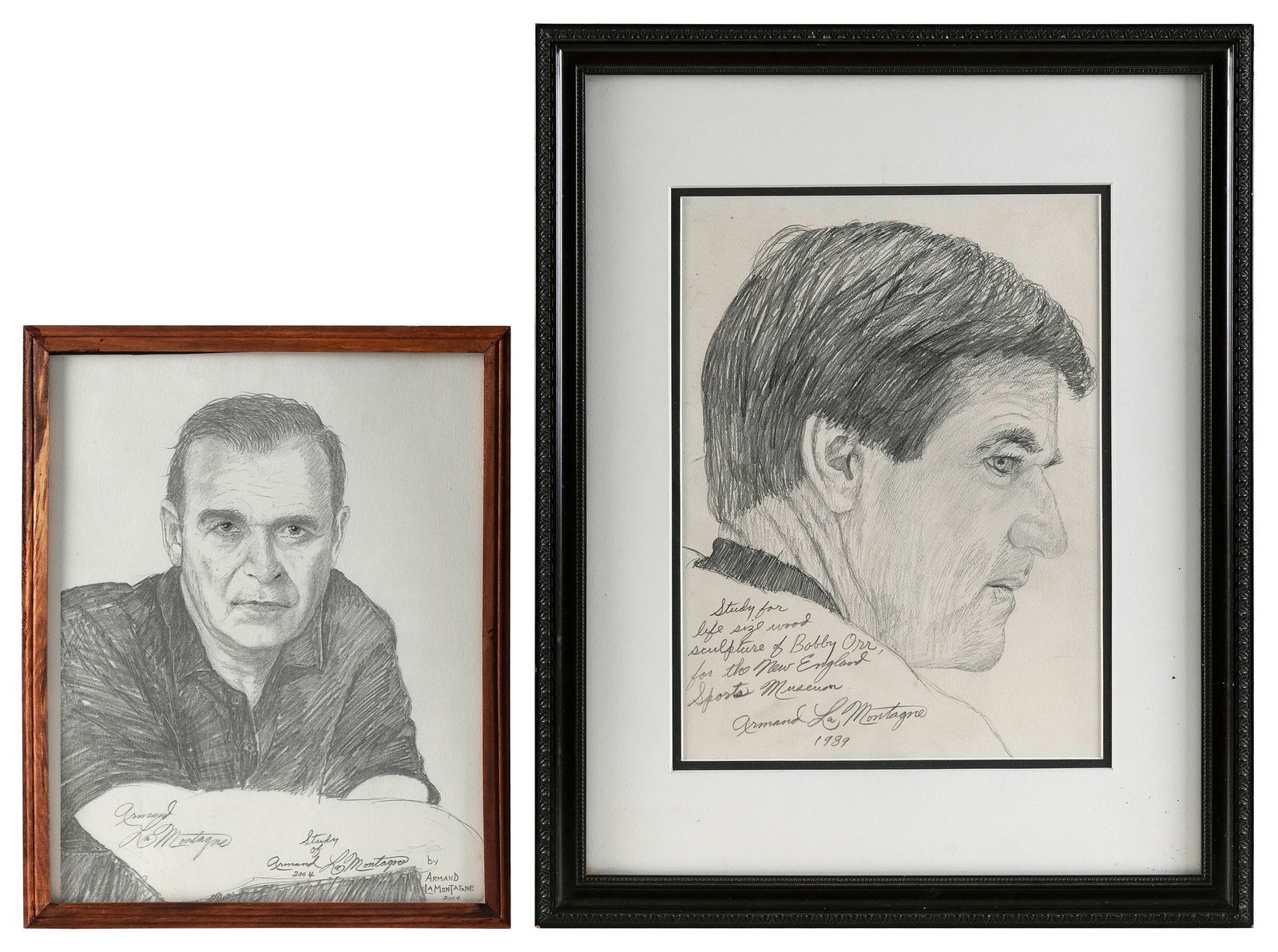 ARMAND LAMONTAGNE (Rhode Island, 1939-2025), Two portrait studies:, Pencils on paper, 14" x 10" and: ARMAND LAMONTAGNERhode Island, 1939-2025Two portrait studies: "Study for life size wood sculpture of Bobby Orr for the New England Sports Museum Armand LaMontagne 1989" and "Study of Armand LaMontagne