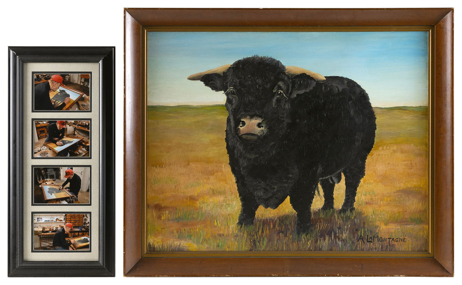 ARMAND LAMONTAGNE (Rhode Island, 1939-2025), Portrait of a young bull., Oil on board, 22" x 28".: ARMAND LAMONTAGNERhode Island, 1939-2025Portrait of a young bull. Signed lower right "A. LaMontagne". Includes four photos depicitng LaMontagne working on the painting.Oil on board, 22" x 28". Framed