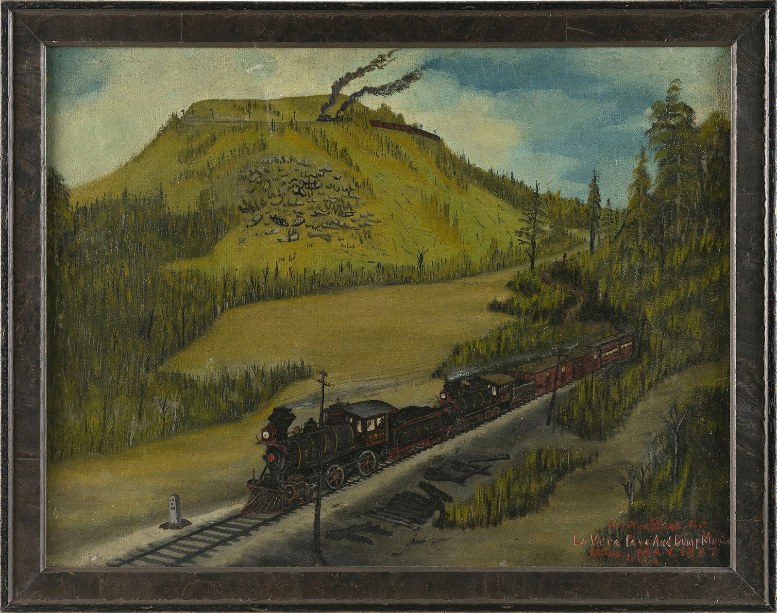 AFTER WILLIAM HENRY JACKSON (America, 19th Century), "La Veta Pass and Dump Mountain May 1887"., Oil: AFTER WILLIAM HENRY JACKSONAmerica, 19th Century"La Veta Pass and Dump Mountain May 1887". A copy of Jackson's Late 19th Century photograph of a Denver and Rio Grande railroad train climbing La Veta P