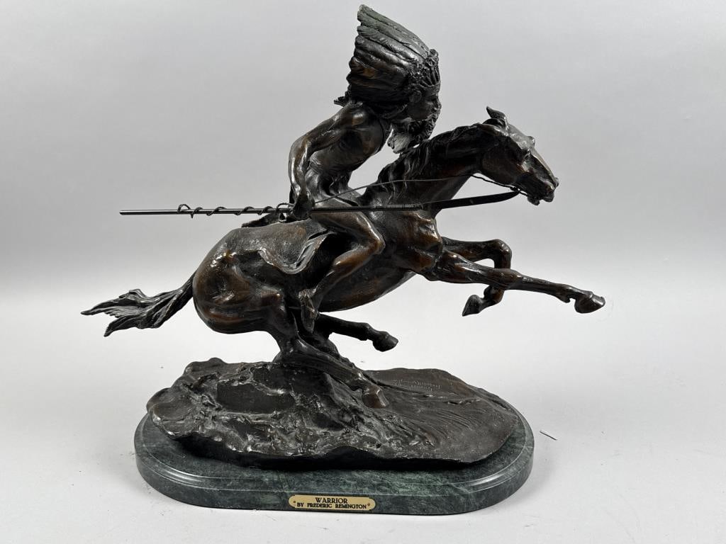 AFTER FREDERIC REMINGTON (20th Century,), "Warrior"., Bronze, height 20". Width 23". Depth 10". (1 of 4)