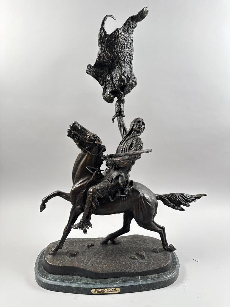 FREDERIC REMINGTON (20th Century,), "Buffalo Signal"., Bronze, height 34". Width 26". Depth 10.5".: FREDERIC REMINGTON20th Century"Buffalo Signal". Mounted on a green marble base.Bronze, height 34". Width 26". Depth 10.5".