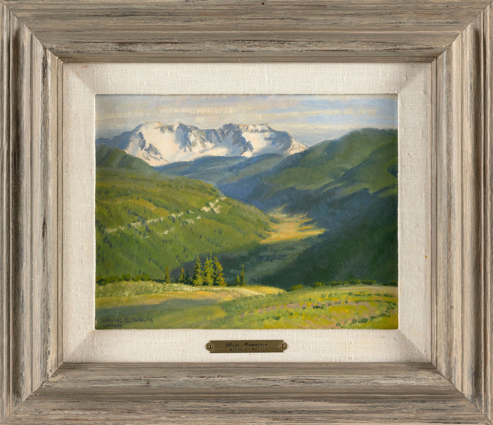 WAYNE E. WOLFE (Colorado/New Mexico/Kansas/Missouri, 1944/45-), "Sheep Mountain"., Oil on board, 10" (1 of 2)