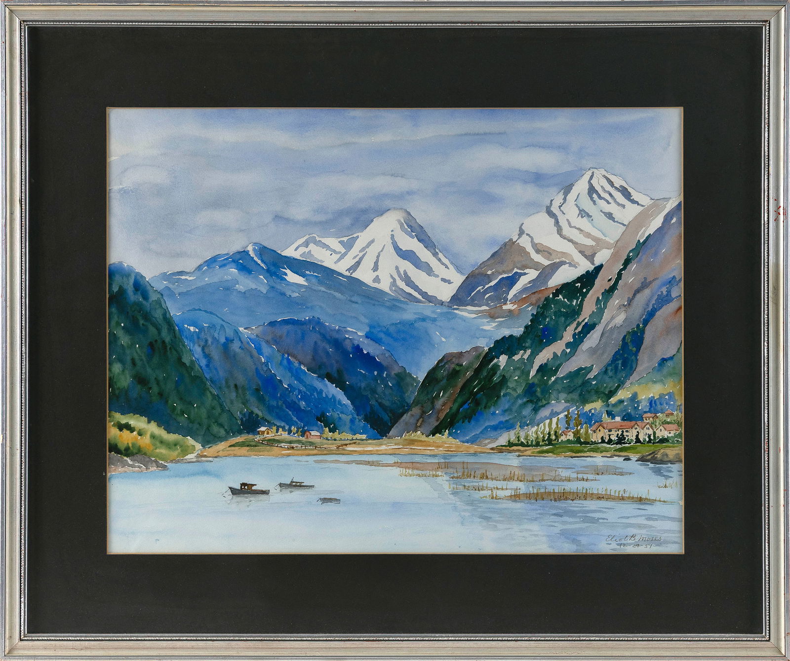 ELIOT B. MOSES (20th Century,), Mountain lake scene., Watercolor on paper, 16.5" x 21.5". Framed: ELIOT B. MOSES20th CenturyMountain lake scene. Signed and dated lower right "Eliot B. Moses 12-29-51".Watercolor on paper, 16.5" x 21.5". Framed 24.5" x 29.5". Notes:Eliot B. Moses is purportedly a