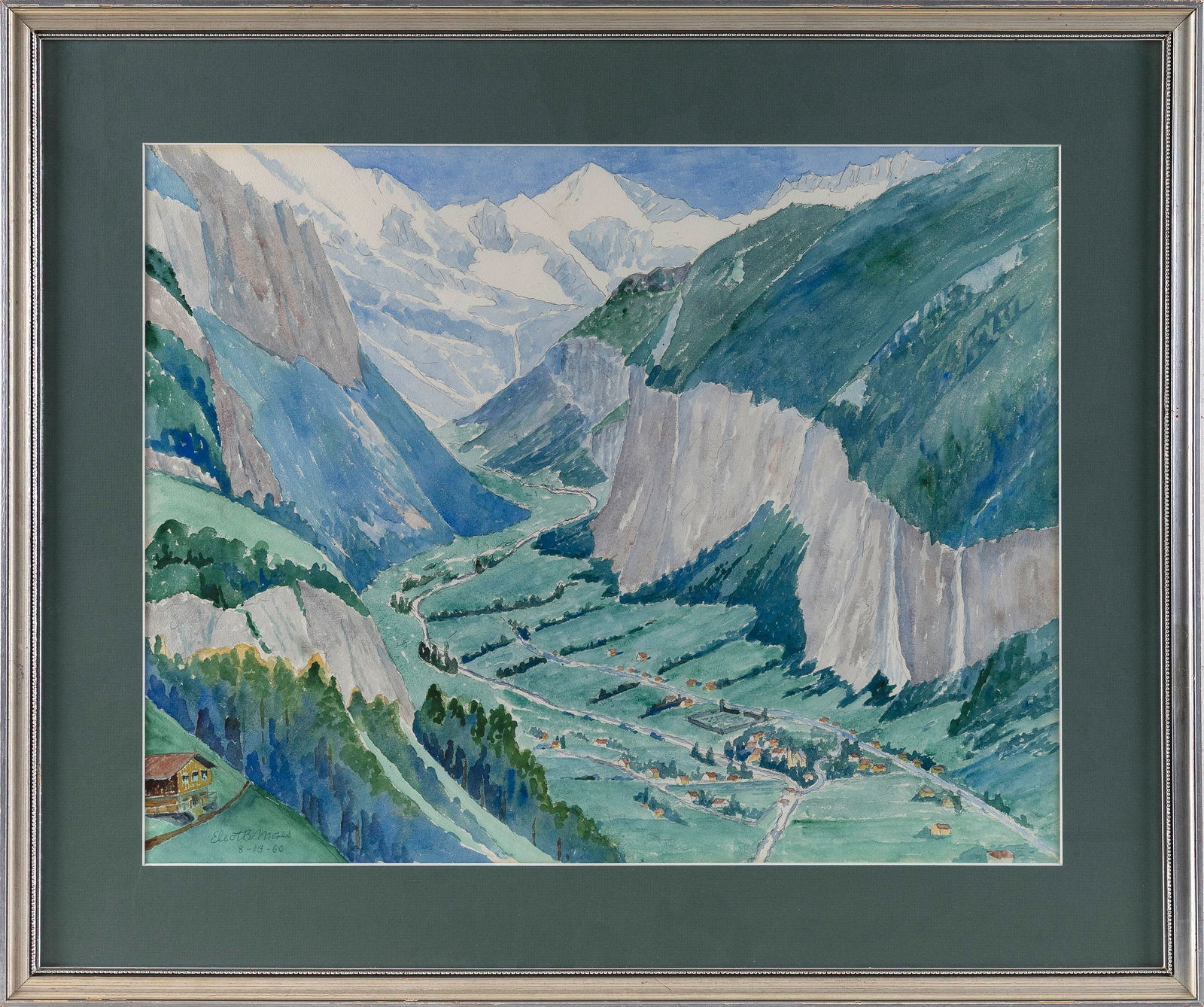 ELIOT B. MOSES (20th Century,), Mountain valley., Watercolor on paper, 17.5" x 22.5". Framed 24.5" x: ELIOT B. MOSES20th CenturyMountain valley. Signed and dated lower left "Eliot B. Moses 8-13-60".Watercolor on paper, 17.5" x 22.5". Framed 24.5" x 29.5". Notes:Eliot B. Moses is purportedly a grand