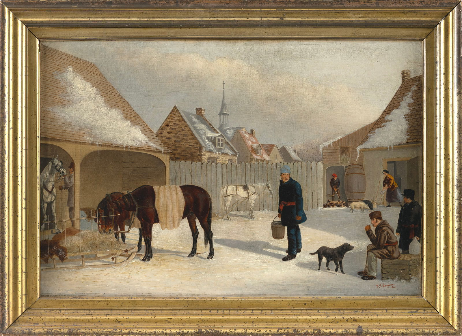 FREDERICK S. BARNJUM (Quebec, Canada/England, 1838/1839-1881), Winter scene of a stableyard., Oil on (1 of 1)
