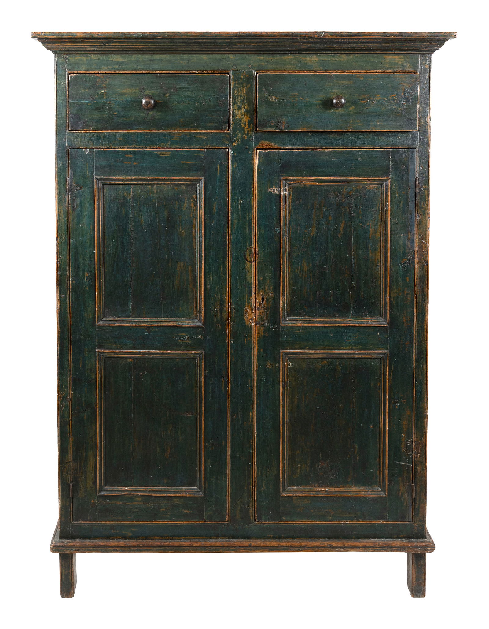 DEEP BLUE-GREEN PAINTED PINE CUPBOARD, PROBABLY CANADIAN Early 19th Century Height 66.25". Width (1 of 1)