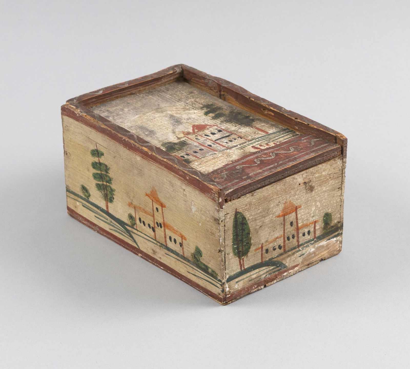 CONTINENTAL PAINT-DECORATED PINE BOX First Half of 19th Century Height 3.75". Length 7". Width (1 of 4)