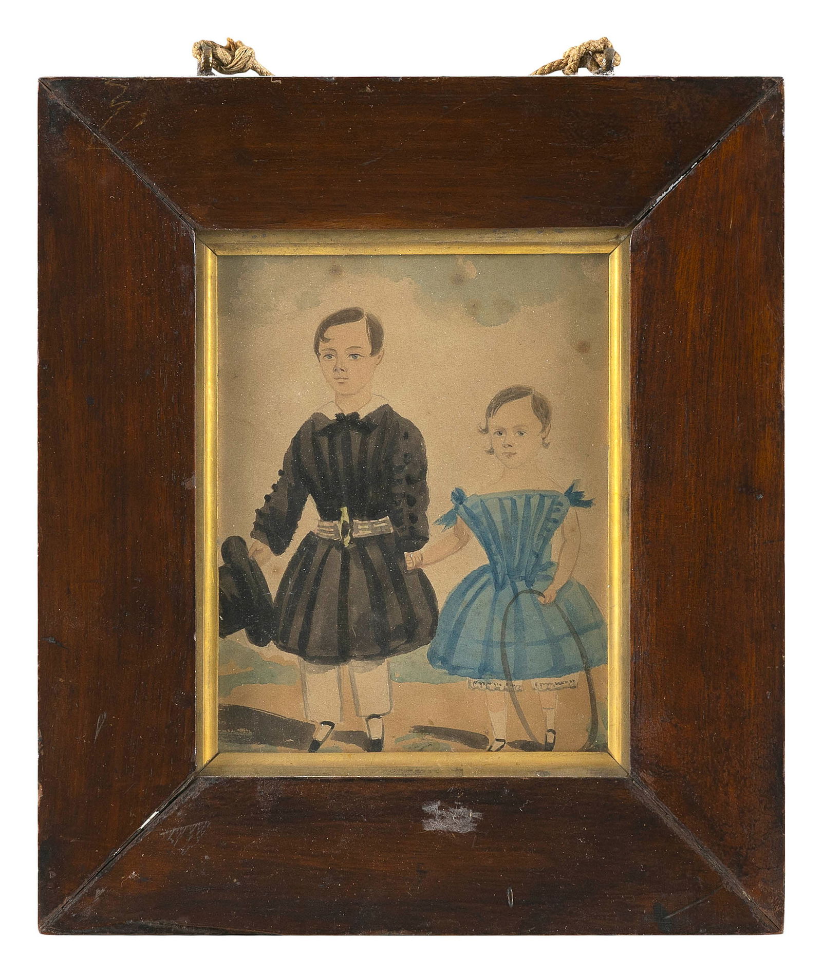 ENGLISH SCHOOL (19th Century,), Portrait of two children, Watercolor, 5" x 6" sight. Framed 10.5" x: ENGLISH SCHOOL19th CenturyPortrait of two children, probably a brother and sister, the boy holding his hat and the girl a hoop.Watercolor, 5" x 6" sight. Framed 10.5" x 9.5". Provenance:The Collect