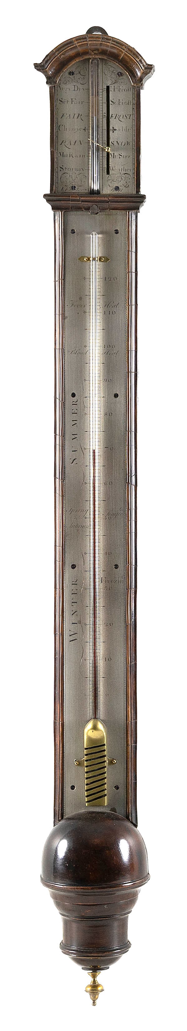 STICK BAROMETER Probably England, 19th Century Height 36".: STICK BAROMETERProbably England, 19th CenturyVeneered case with brass urn drop. Engraved silvered barometric and temperature degree scales. Engraved maker's mark obscured by screw but possibly "I. Fos