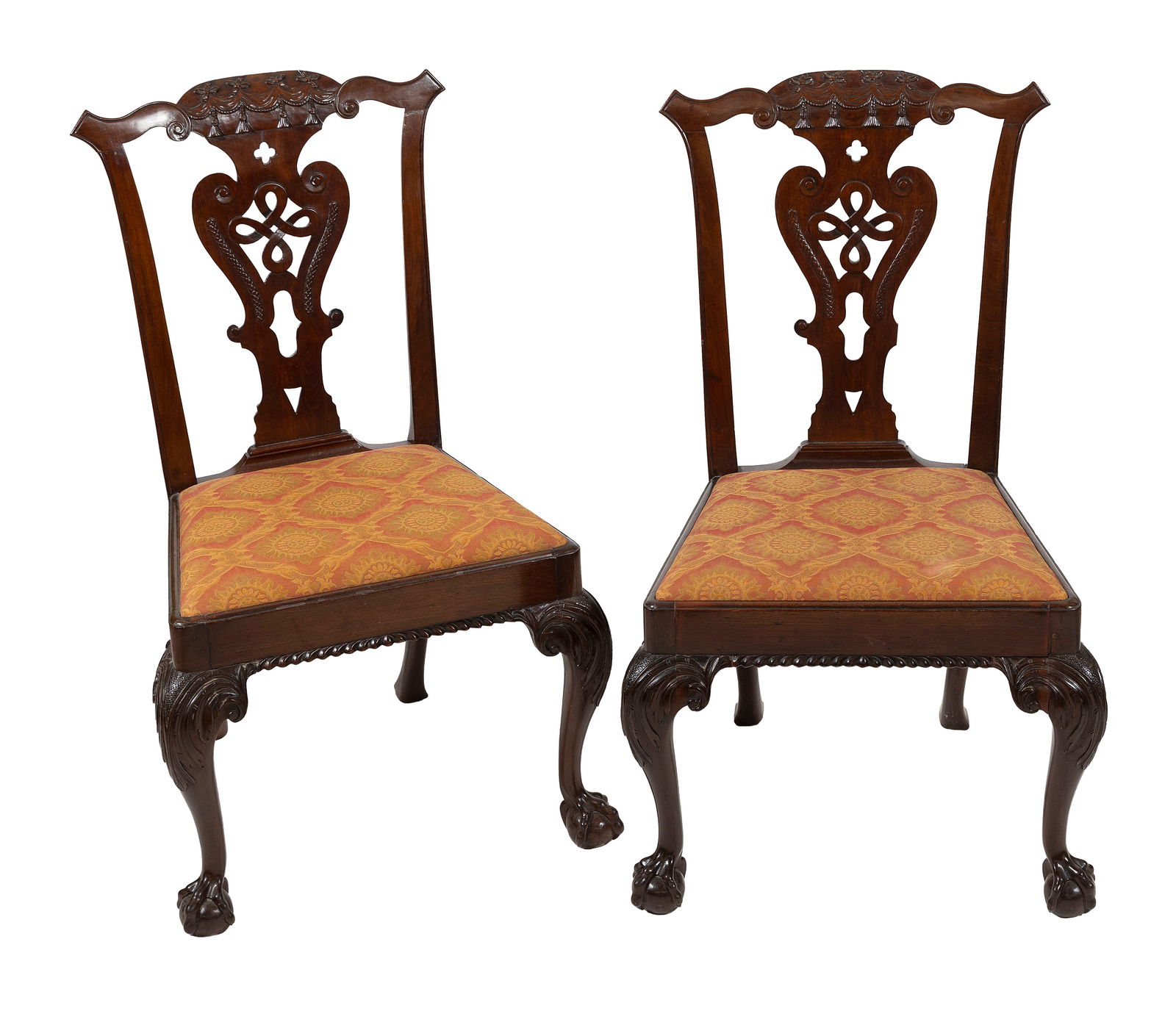 PAIR OF CHIPPENDALE-STYLE MAHOGANY SIDE CHAIRS 19th Century Back heights 38.5". Seat heights 18.5". (1 of 1)
