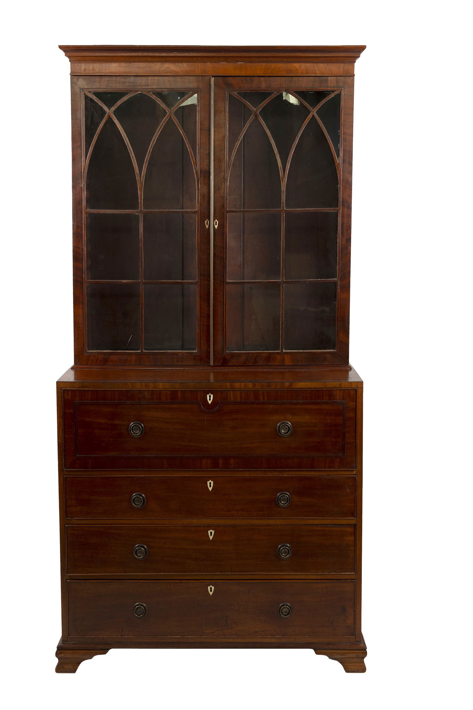 ENGLISH MAHOGANY AND MAHOGANY VENEER TWO-PART SECRETARY Circa 1820 Height 87.5". Width 44". Depth (1 of 1)