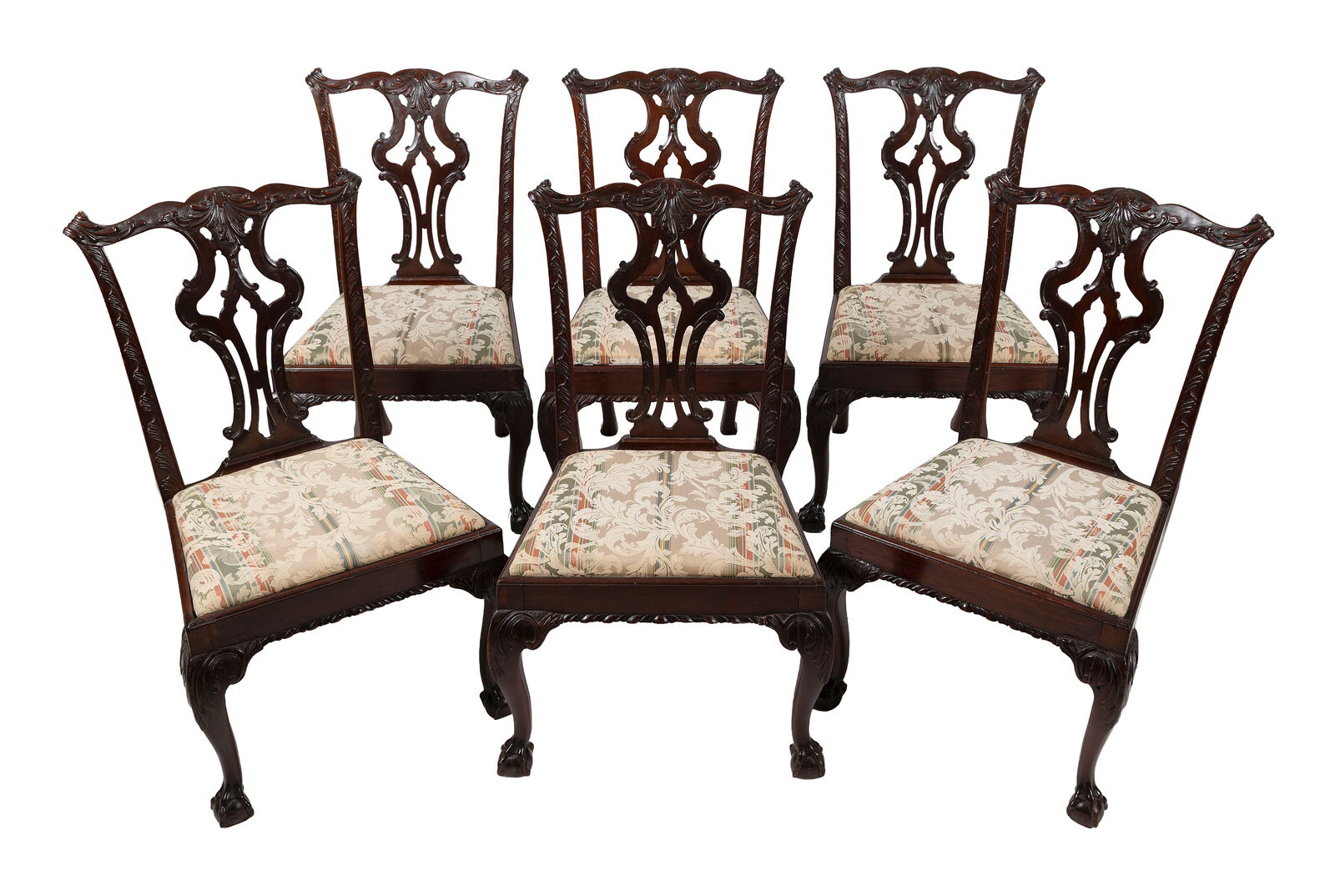 SET OF SIX CHIPPENDALE-STYLE MAHOGANY SIDE CHAIRS Early 20th Century Back heights 37.5". Seat (1 of 1)
