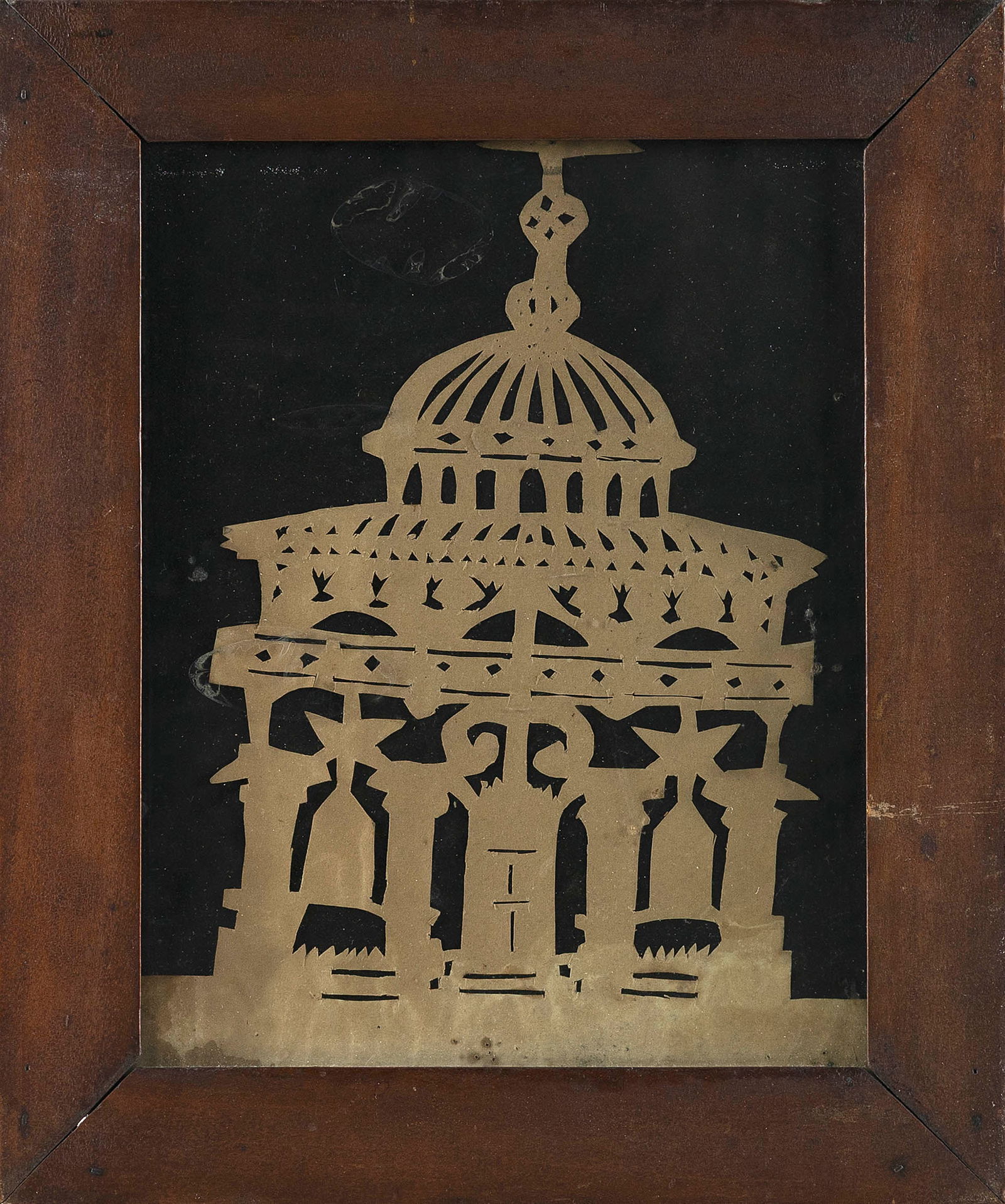 EARLY PENNSYLVANIA SCHERENSCHNITTE Second Quarter of the 19th Century Framed 11.75" x 9.75".: EARLY PENNSYLVANIA SCHERENSCHNITTESecond Quarter of the 19th CenturyDepicts a domed building, possibly the Hills Capitol building in Pennsylvania. Set against black linen.Framed 11.75" x 9.75". Proven