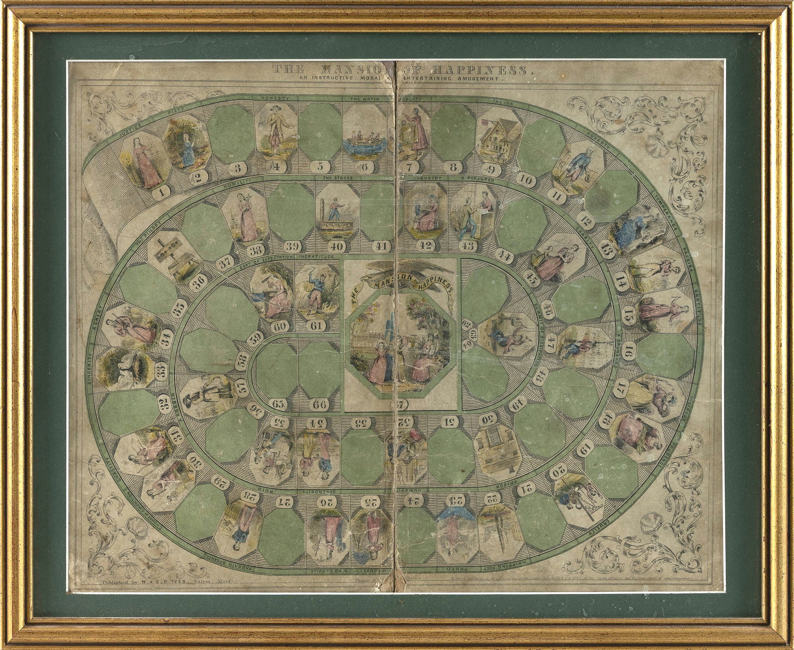 "THE MANSION OF HAPPINESS" GAME BOARD Mid-19th Century 14.25" x 17.5" sight. Framed 17.5" x 21.5".: "THE MANSION OF HAPPINESS" GAME BOARDMid-19th Century"An Instructive, Moral and Entertaining Amusement". Published by W. & S.B. Ives, Salem, Mass.14.25" x 17.5" sight. Framed 17.5" x 21.5". Provenance