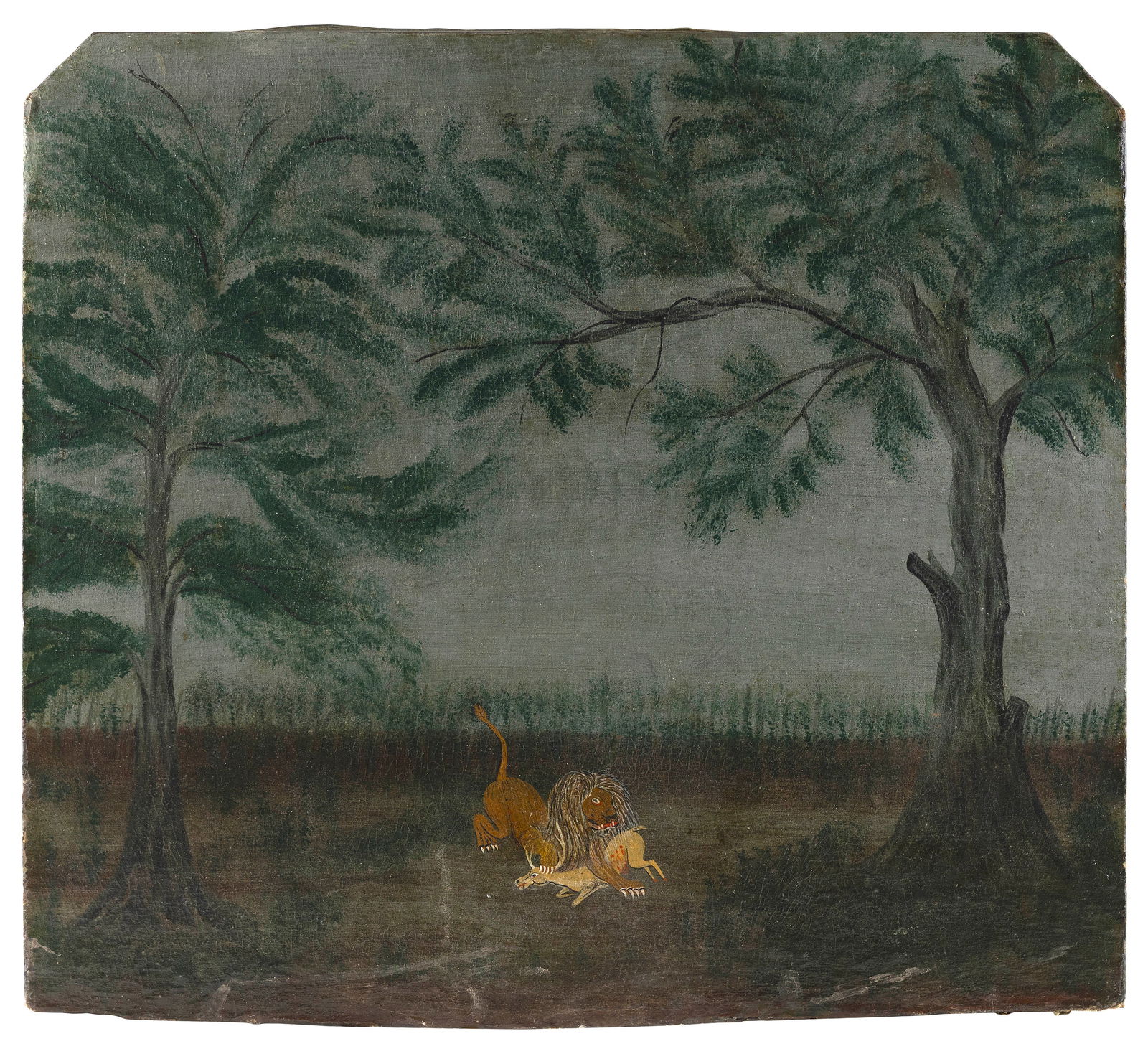 AMERICAN FOLK ART FIREBOARD "THE LION AND HIS PREY" 19th Century Height 27". Width 30.25". (1 of 2)