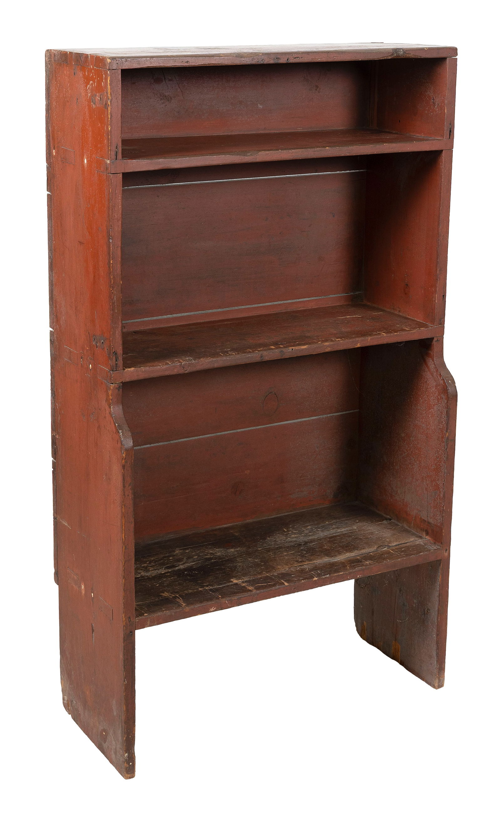 BARN RED PAINTED PINE BUCKET BENCH Second Quarter of the 19th Century Height 53". Width 29.5". Depth (1 of 1)