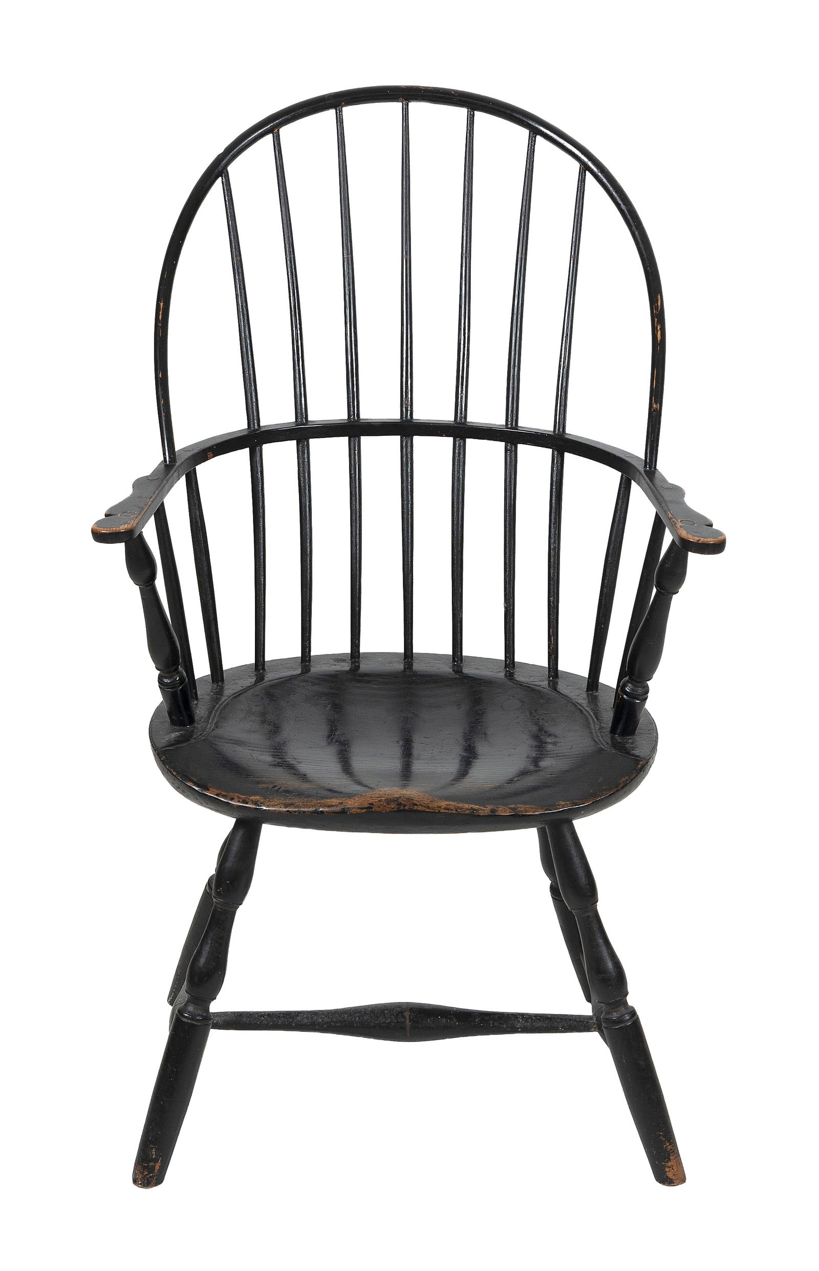 BLACK PAINTED WINDSOR BOW-BACK ARMCHAIR Late 18th Century Back height 40". Seat height 17.25". (1 of 1)