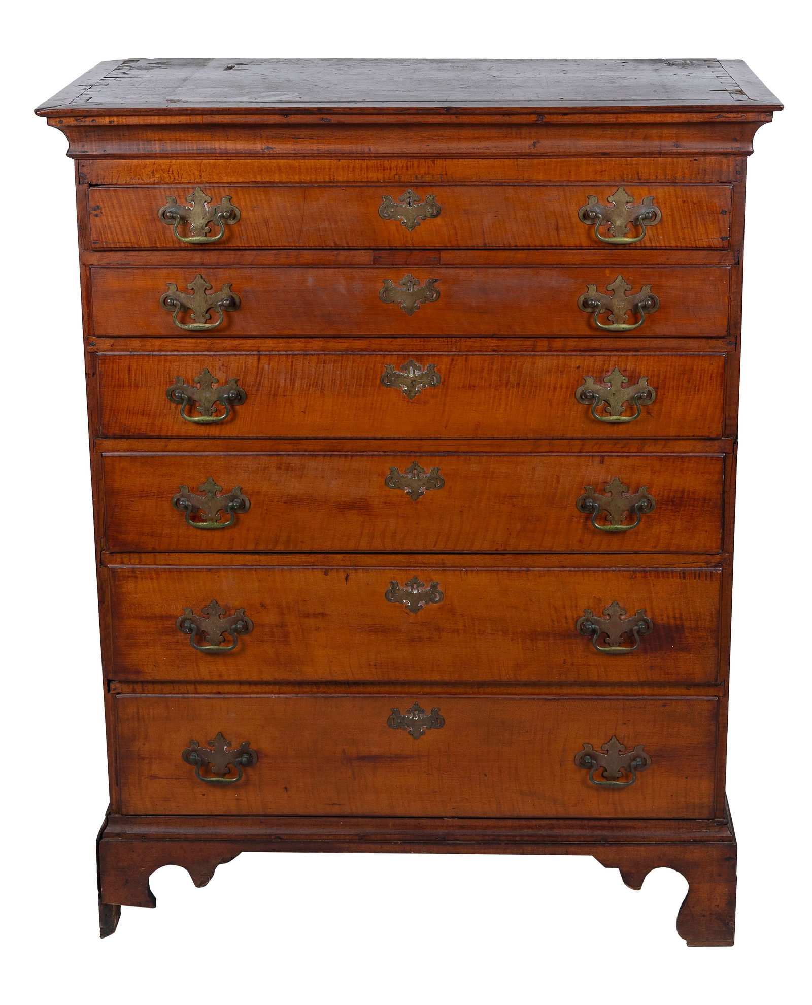 CHIPPENDALE TIGER MAPLE TALL CHEST Circa 1790 Height 50". Width 39". Depth 19". (1 of 3)