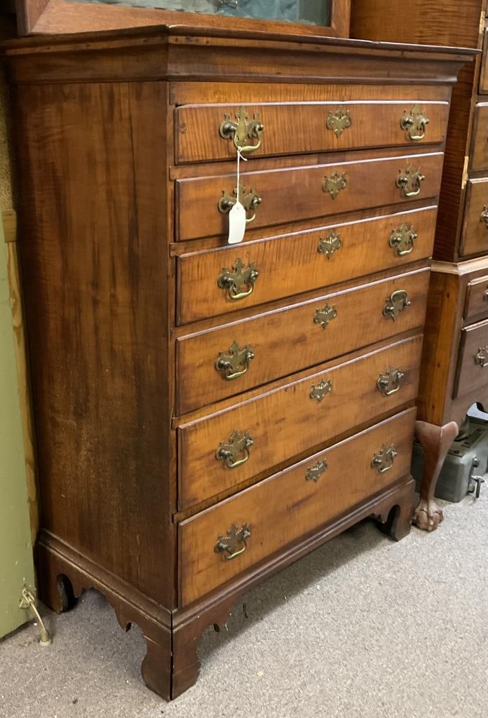 CHIPPENDALE TIGER MAPLE TALL CHEST Circa 1790 Height 50". Width 39". Depth 19". - 2