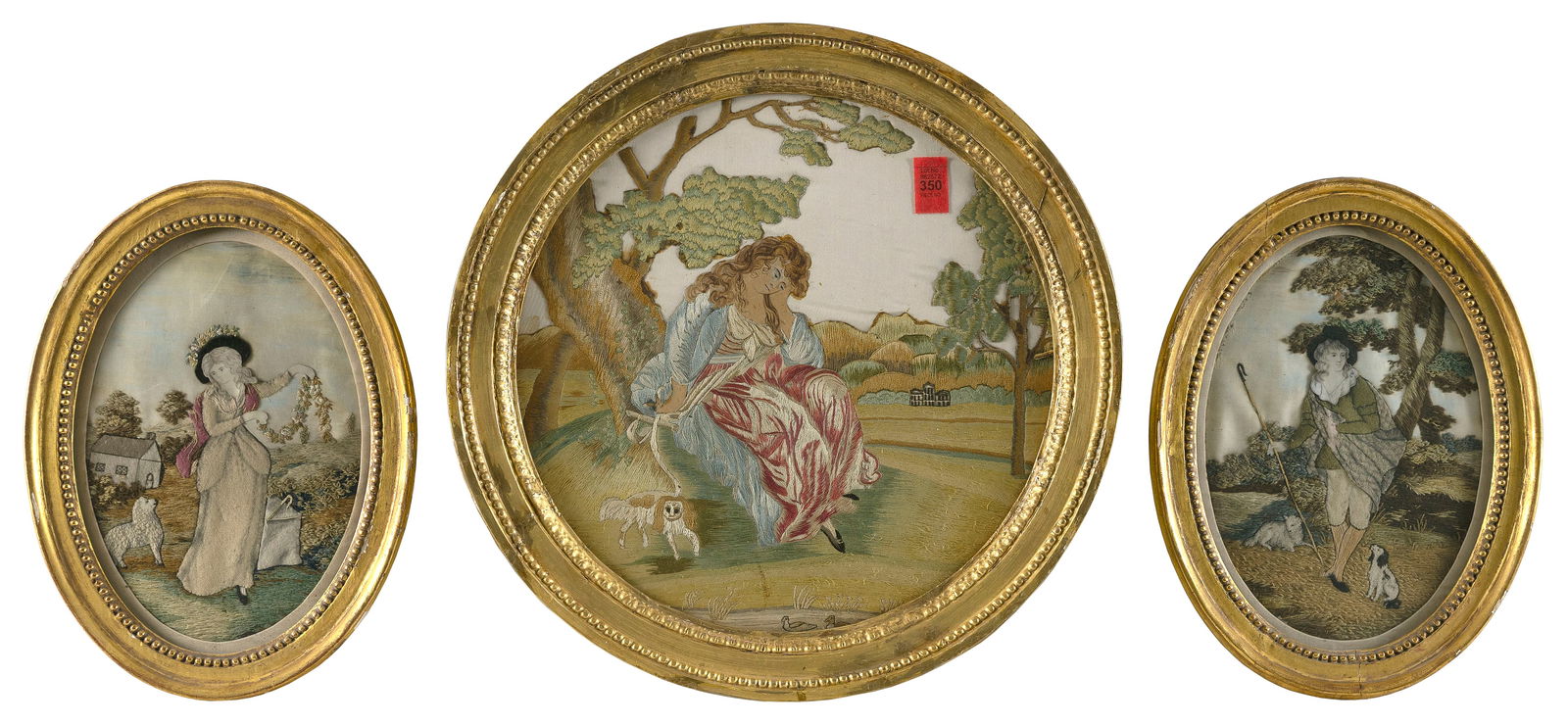 THREE NEEDLEWORKS ON SILK Late 18th/Early 19th Century Framed to 15.5" x 15.5". (1 of 1)