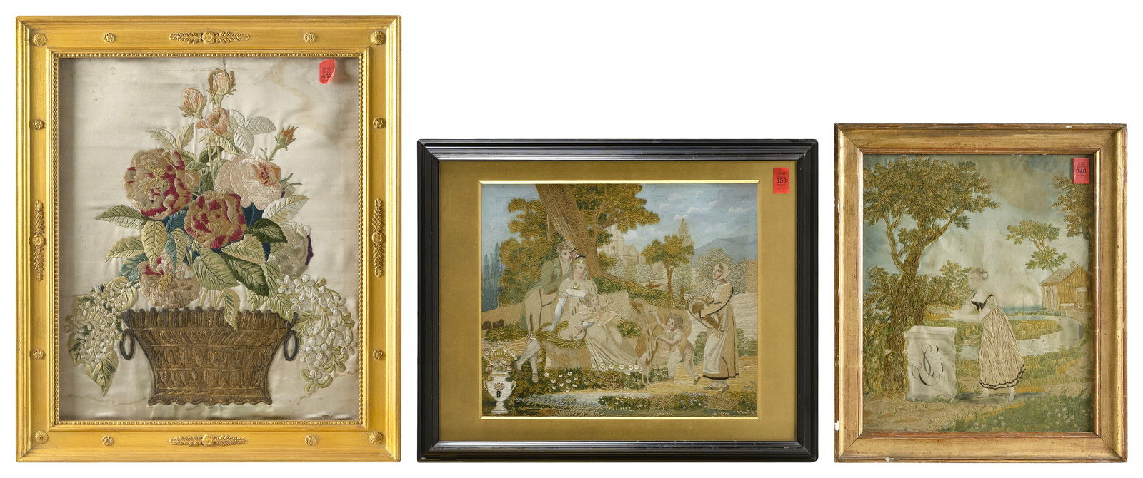 THREE NEEDLEWORKS ON SILK Early 19th Century Framed from 16.75" x 14.25" to 21.5" x 18.5". (1 of 1)