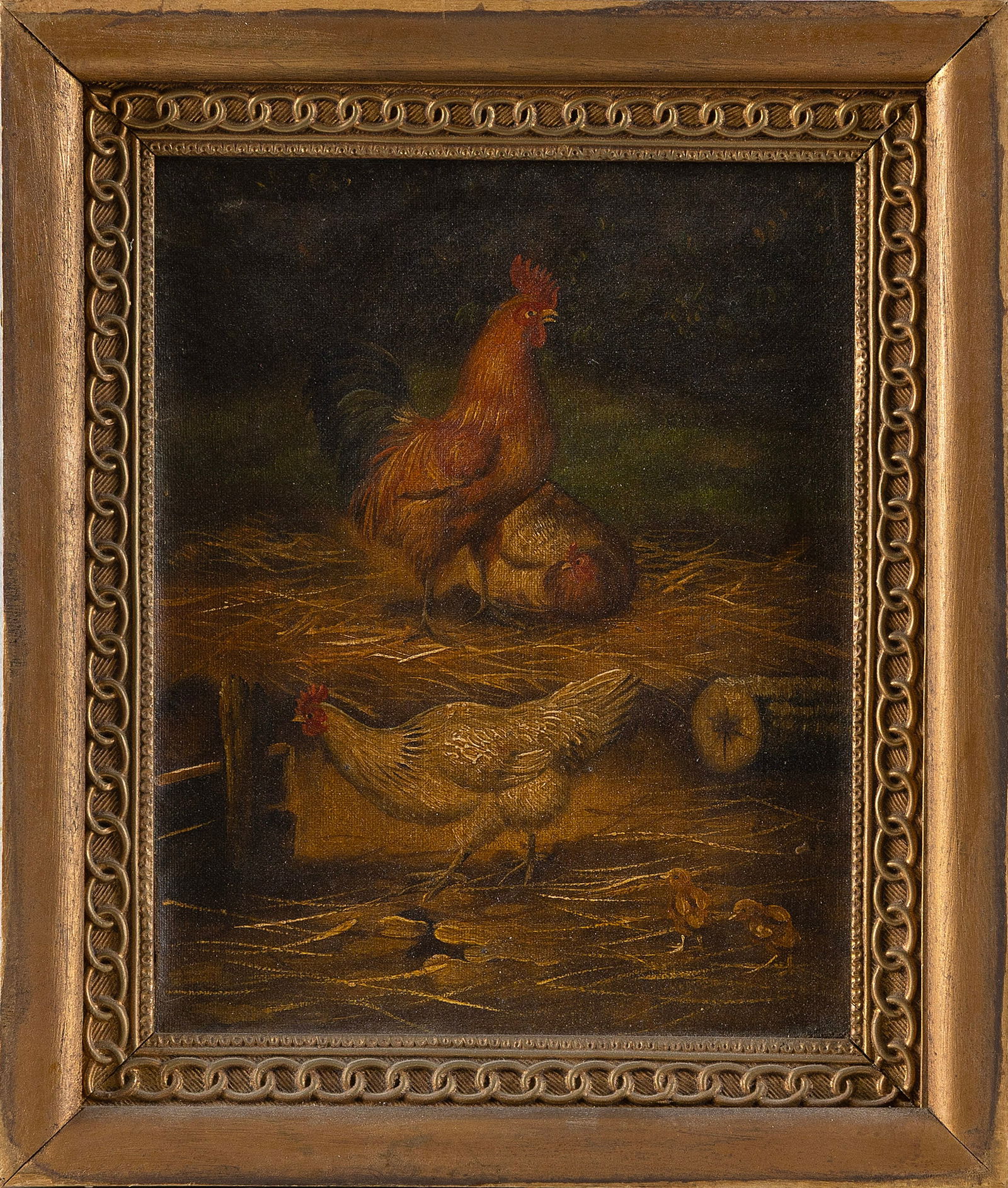 AMERICAN SCHOOL (19th Century,), Chickens and chicks., Oil on canvas, 10" x 8". Framed 13" x 11". (1 of 1)