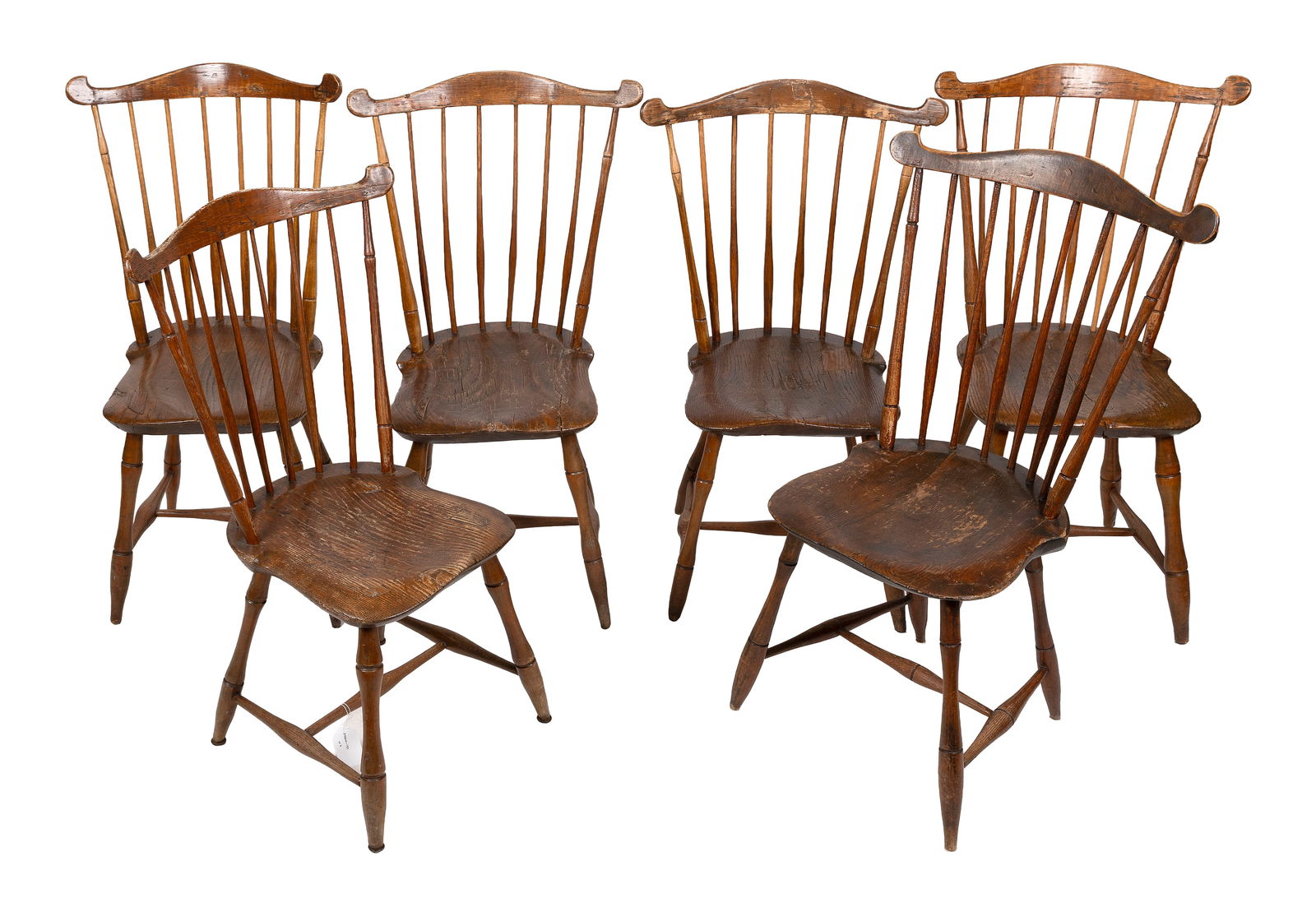 SET OF SIX WINDSOR FAN-BACK SIDE CHAIRS New England, Early 19th Century Back heights 37". Seat (1 of 1)