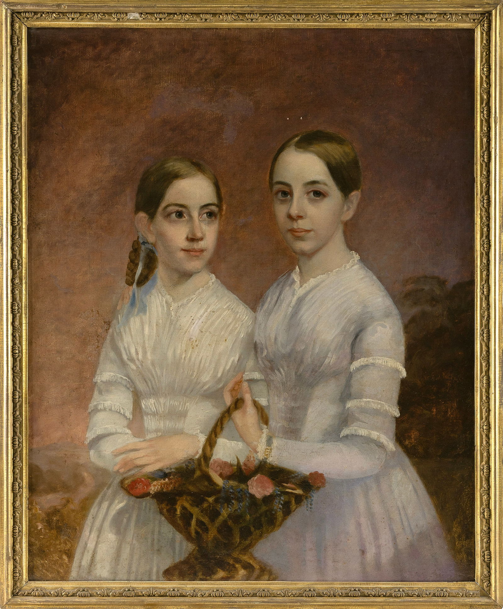 AMERICAN SCHOOL (Mid-19th Century,), Two young girls with a flower basket., Oil on canvas, 36" x: Y Y AMERICAN SCHOOLMid-19th CenturyTwo young girls with a flower basket. Unsigned.Oil on canvas, 36" x 28.5". Framed 38" x 32". CITES is a multilateral treaty to protect endangered plants and animals.