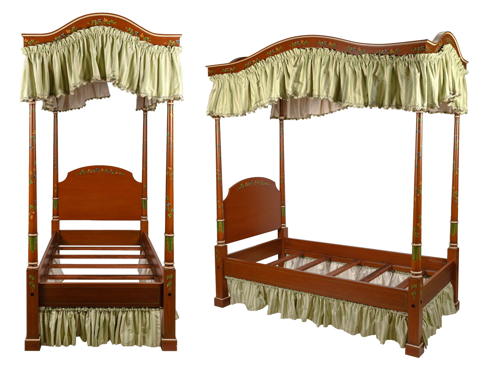 PAIR OF SHERATON-STYLE TWIN-SIZE BEDS 20th Century Post heights approx. 88". Headboard widths 45".: PAIR OF SHERATON-STYLE TWIN-SIZE BEDS20th CenturyWith painted floral and foliate decoration. Tapered posts. Flat canopy frame.Post heights approx. 88". Headboard widths 45". Side rail lengths 92".