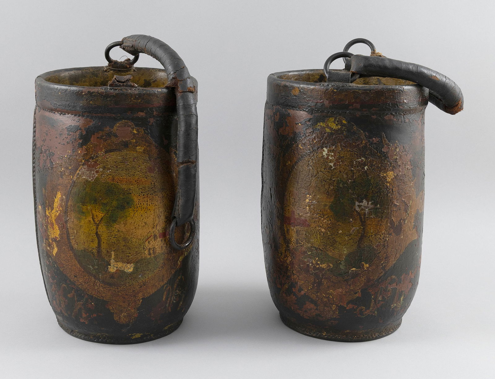 PAIR OF PAINTED LEATHER FIRE BUCKETS America, Circa 1825 Heights 14". (1 of 1)