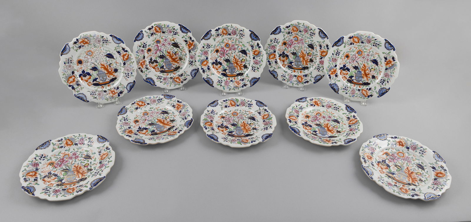 SET OF TEN GAUDY WELSH IRONSTONE LUNCHEON PLATES Britain, 19th Century Diameters 9.25". (1 of 1)