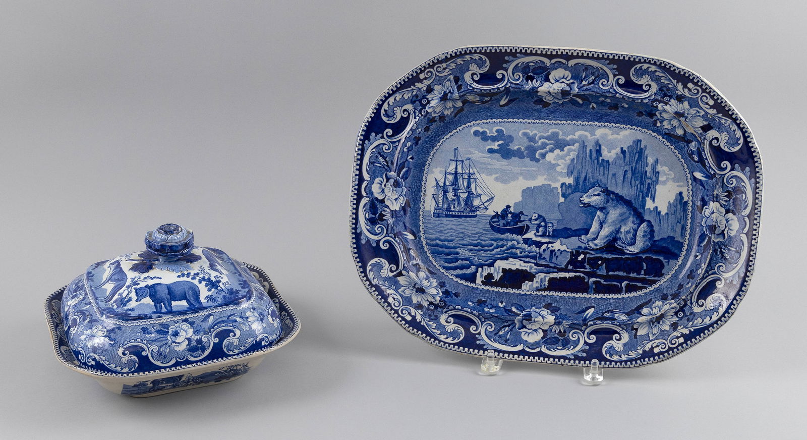 TWO PIECES OF ENOCH WOOD & SONS STAFFORDSHIRE 19th Century Lengths 9.75" and 16.75".: TWO PIECES OF ENOCH WOOD & SONS STAFFORDSHIRE19th CenturyBoth probably from the Sporting Series. Includes a platter with a polar bear in an Arctic landscape and a covered vegetable dish with fox, bear