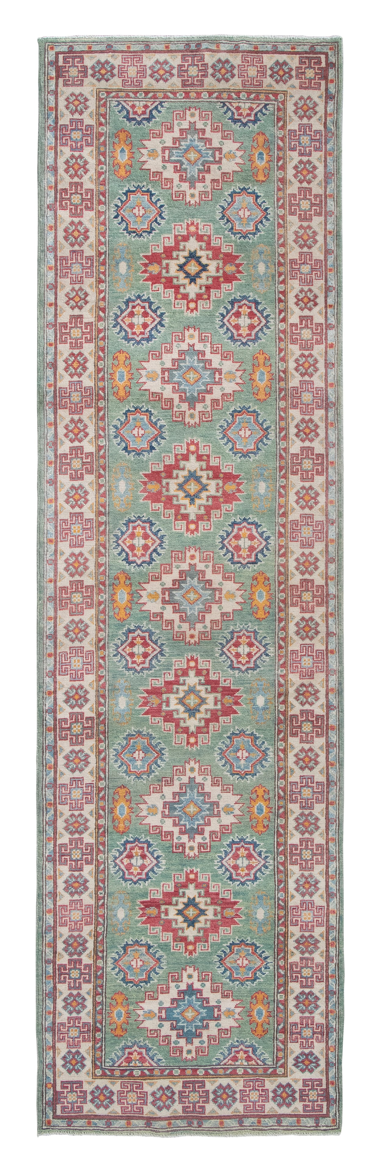 KAZAK DESIGN RUG: 2'9" X 9'10" 21st Century: KAZAK DESIGN RUG: 2'9" X 9'10"21st CenturyPale green field with neatly arrayed columns of traditional geometric medallions in bright shades of ivory, red, blue, gold and green. Bright red and powder b
