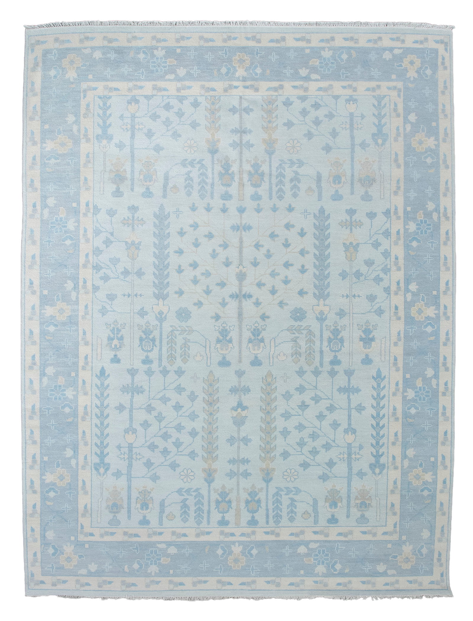PERSIAN DESIGN RUG: 9'1" X 12'1" 21st Century: PERSIAN DESIGN RUG: 9'1" X 12'1"21st CenturyPale blue field contains a neat arrangement of stylized blossoming branches, cypress trees and willow trees in shades of gray, slate blue and khaki. Light k