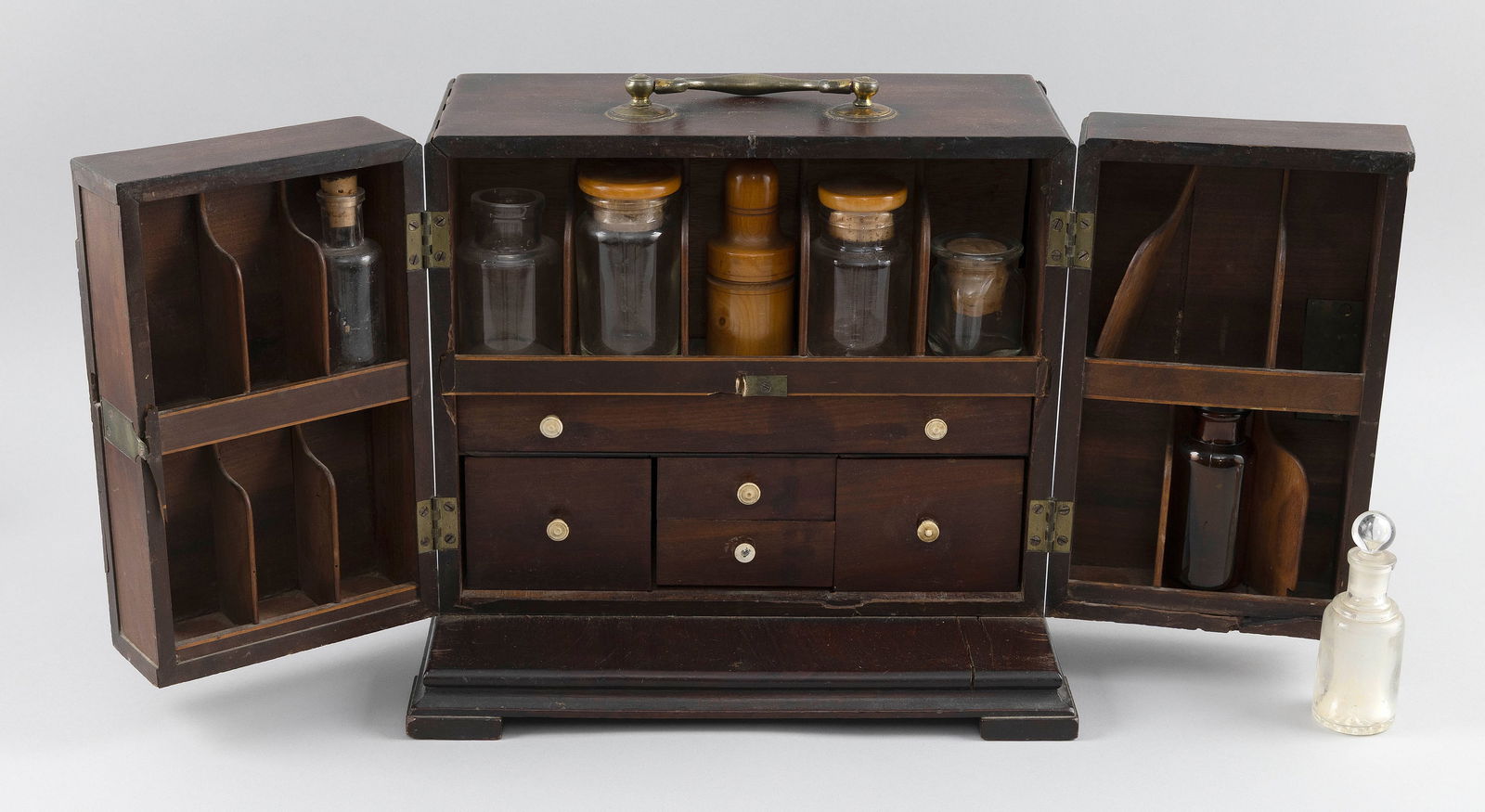 DOCTOR'S TRAVELING APOTHECARY CABINET Early 19th Century Height 10.5". Width 12". Depth 7.5". (1 of 4)