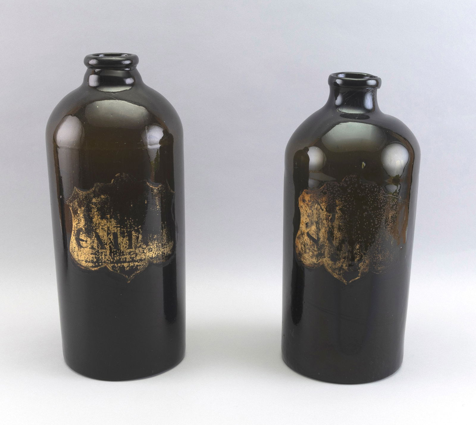 PAIR OF MOSS GREEN GLASS APOTHECARY BOTTLES 19th Century Heights 13.5". (1 of 2)