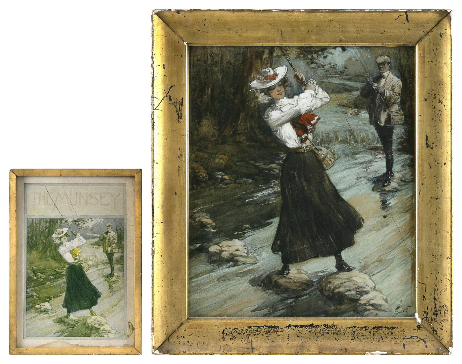 ORIGINAL ILLUSTRATION FOR MUNSEY'S MAGAZINE Early 20th Century Mixed media on board, 15.5" x 12.5".: ORIGINAL ILLUSTRATION FOR MUNSEY'S MAGAZINEEarly 20th CenturyFor the June 1903 issue. Depicts a well-dressed woman and man fly fishing. Signed lower right "Hirschort". Handwritten on note affixed to t