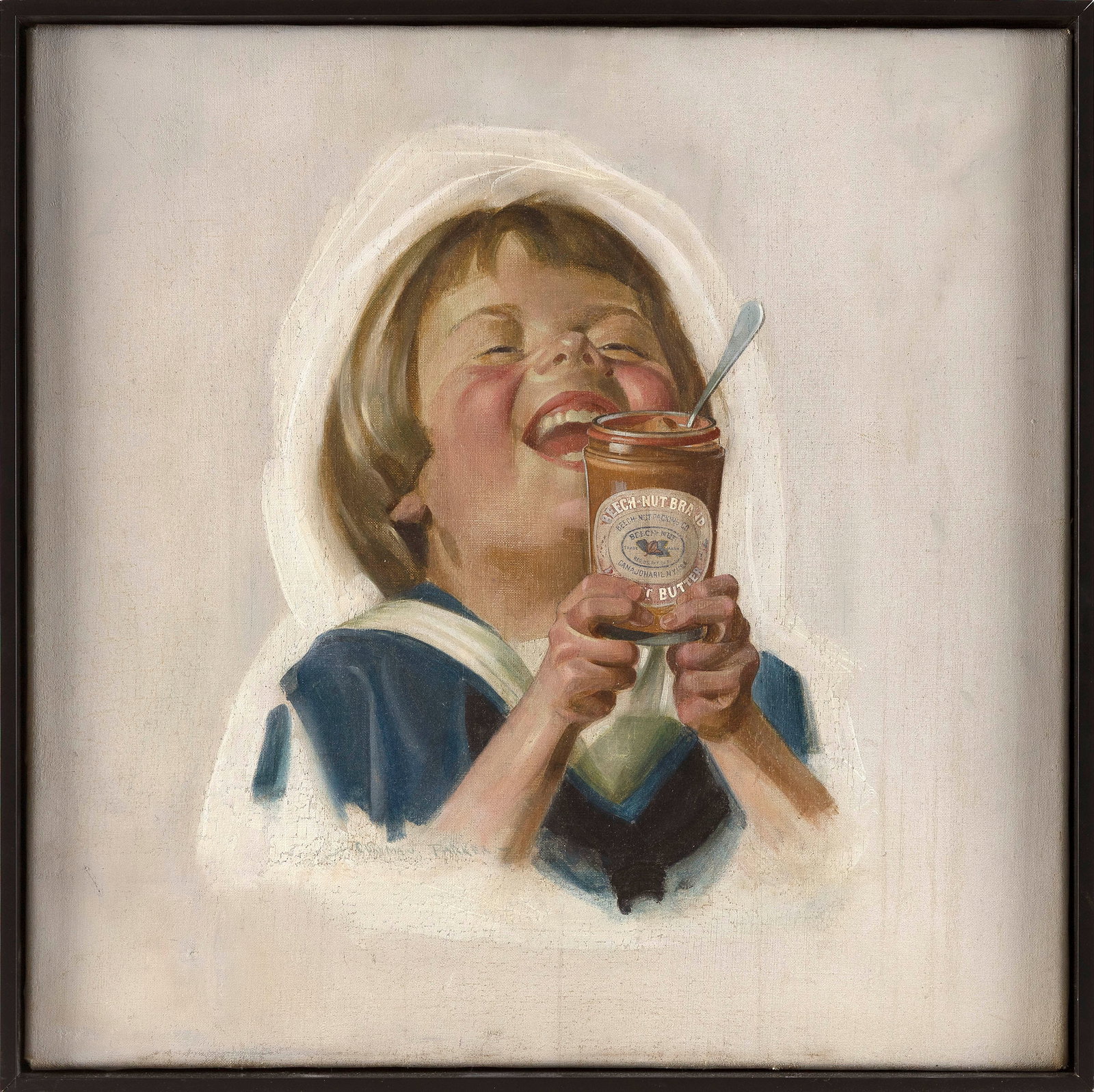 CHARLES HENRY CUSHMAN PARKER (Massachusetts/New York, 1881-1940), Child holding a Beech Nut brand: CHARLES HENRY CUSHMAN PARKERMassachusetts/New York, 1881-1940Child holding a Beech Nut brand peanut butter jar. Signed lower left "Cushman Parker". Includes a copy of the original advertisement based
