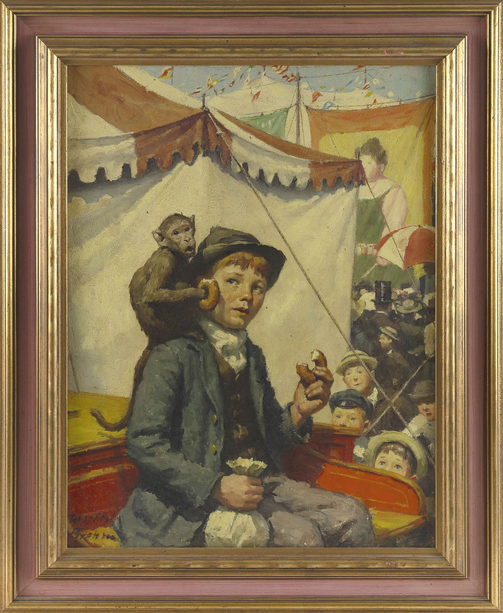 WORTH BREHM (Indiana, 1883-1928), Boy at the circus with a monkey on his shoulder., Oil on board,: WORTH BREHMIndiana, 1883-1928Boy at the circus with a monkey on his shoulder. Signed lower left "Worth Brehm".Oil on board, 23.75" x 18". Framed 29.5" x 24".
