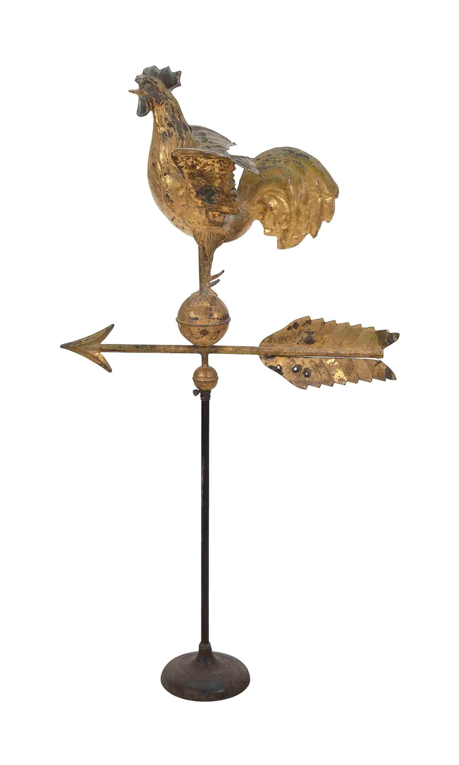 GILT ZINC AND COPPER ROOSTER WEATHER VANE ON STAND 20th Century Total height 48". Length 26". (1 of 1)
