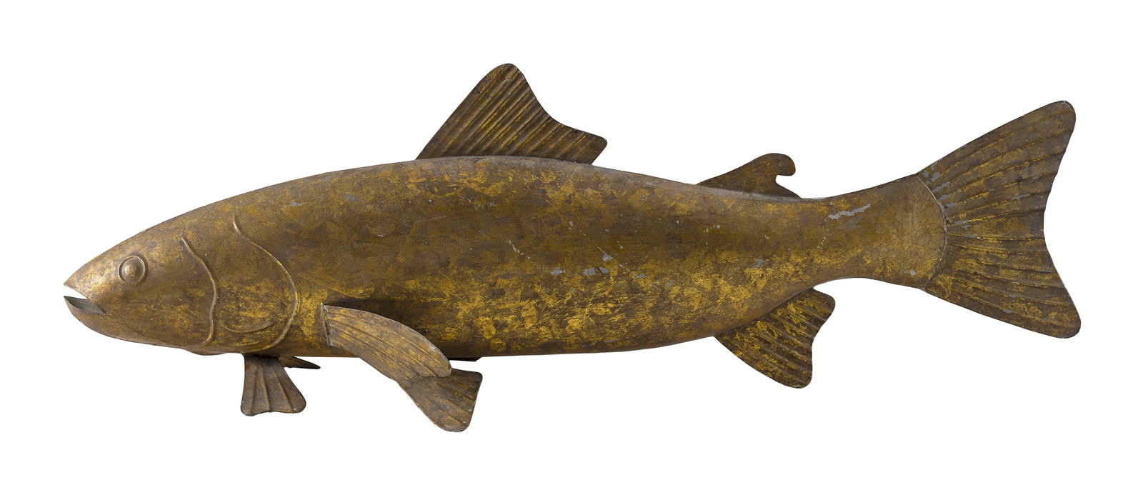 GILT TIN FISH-FORM TRADE SIGN 20th Century Length 36".: GILT TIN FISH-FORM TRADE SIGN20th CenturyLength 36".